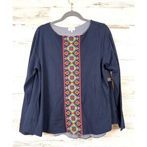 Crown & Ivy Womens M Navy Blue Embroidered Boho Long Sleeve Blouse NEW